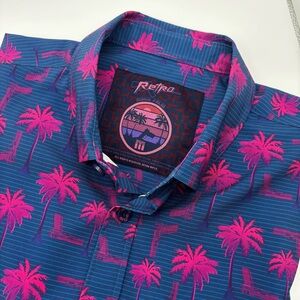 Retro Rifle Men's Blue Pink Fuschia Palm Tree Shirt Short Sleeve Medium